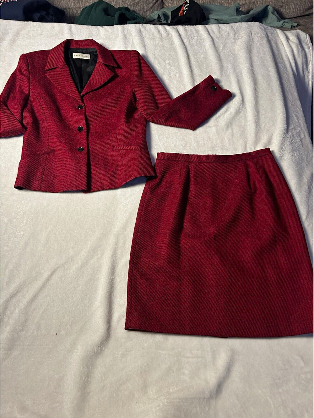 Vintage Casual Corner Red/Black Herringbone Wool 2pc Skirt Suit Jacket Skirt 12